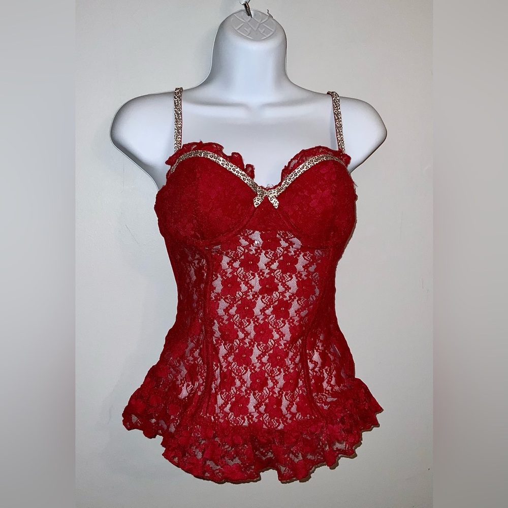 Vintage Burgundy Lace Corset Top Over Bust w/ Underwire & Lace Thong Sz M